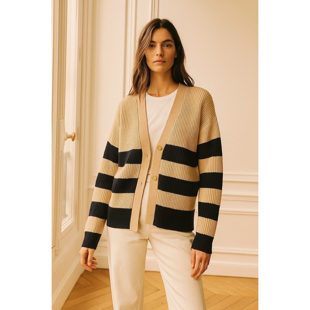 Allude‎ Striped V Neck Button Front Cardigan Beige Black Cashmere Blend Size S
